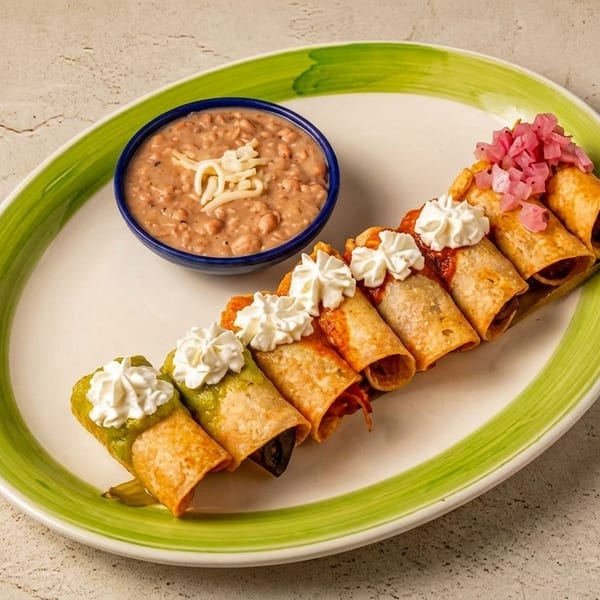 A plate of taquitos with green and red sauce, topped with sour cream and pickled onions, alongside refried beans.