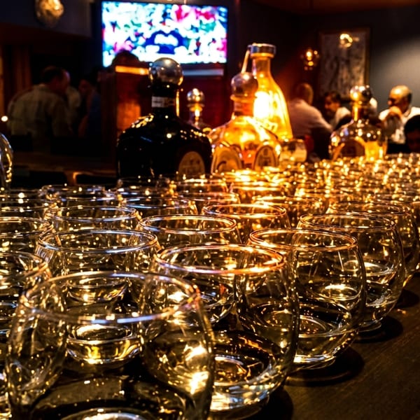 Rows of empty glasses and tequila bottles on a bar, with people and a TV in the background.