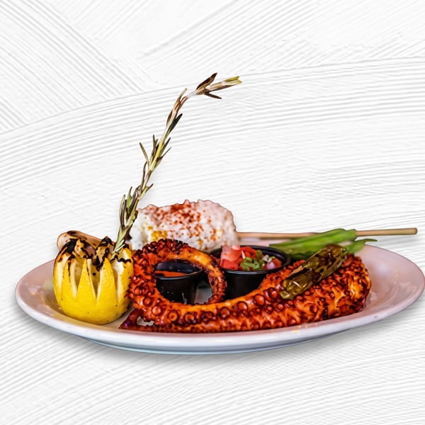 Grilled octopus with rice, salsa, lemon, and green beans on a white plate.