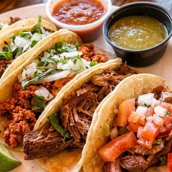 A plate of five diverse tacos with various fillings, salsas, and a lime wedge.