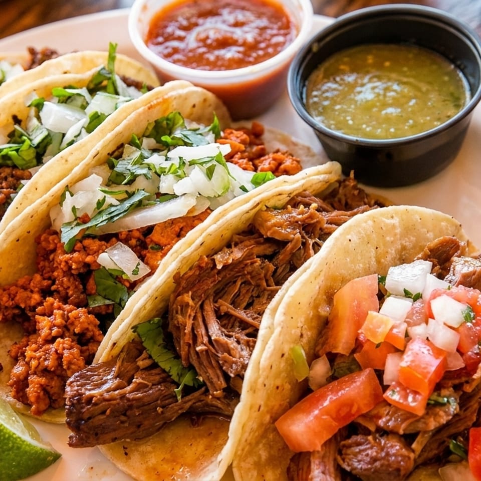 A plate of five diverse tacos with various fillings, salsas, and a lime wedge.