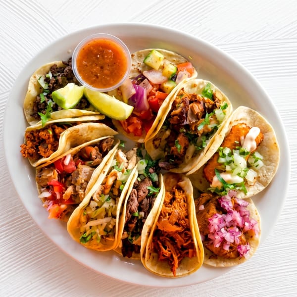 A white oval platter filled with various tacos, a side of salsa, and lime wedges.