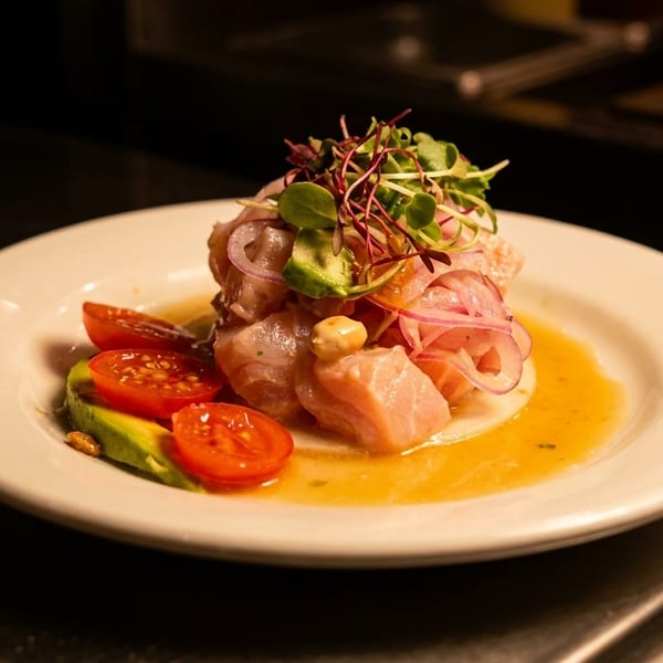 A vibrant ceviche dish with fish, red onions, avocado, cherry tomatoes, and microgreens.